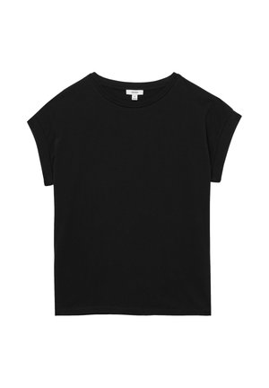 Schwarzes T-Shirt mit kurzen Ärmeln und Rundhalsausschnitt, locker sitzend mit umgeschlagenen Ärmelsäumen, flach auf weißem Hintergrund liegend.