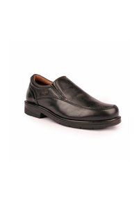Zapatos negros de cuero sin cordones con un acabado suave, punta redondeada, costuras sutiles y suela de goma con un pequeño tacón.