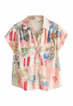 Chemise à manches courtes avec boutons, motif abstrait style aquarelle dans des tons de rose, bleu, vert et rouge, avec une poche avant.