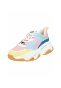 Sneaker chunky con pannelli color pastello in rosa, blu e giallo. Tomaia in mesh bianco e suola in gomma, con suola in gomma testurizzata.