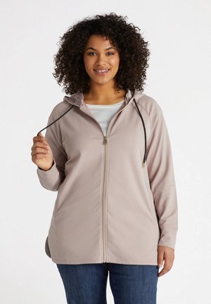 Lichtroze zip-up hoodie met een capuchon, trekkoordaccenten, lange mouwen en een relaxte pasvorm. Beschikt over zijzakken en een soepele textuur.