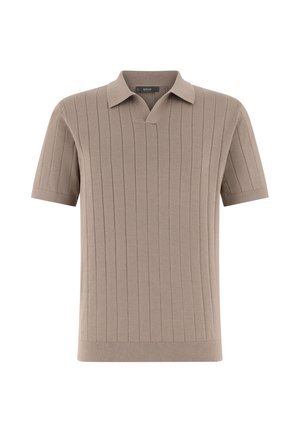 Polo beige a maniche corte in maglia con costine verticali, colletto aperto e orlo e polsini a costine, mostrata su sfondo bianco.