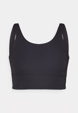 Bralet negru cu nervuri, cu decolteu rotund, bretele late și un design ajustat. Țesătură netedă și o bandă lată la margine.