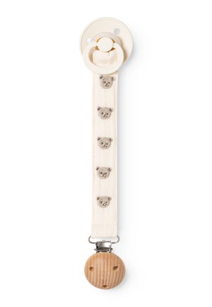 Attache-sucette beige avec des visages d'ours en peluche brodés sur la sangle en tissu et un clip en bois rond à l'extrémité.