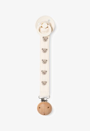 Attache-sucette beige avec des visages d'ours en peluche brodés sur la sangle en tissu et un clip en bois rond à l'extrémité.