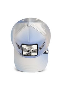 Baseball cap in a gradient blue and white design, featuring a front patch with a winged horse and the word "LEGEND," made of smooth material.