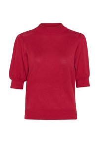 Pull rouge en maille avec un col montant, des manches courtes bouffantes et un ourlet ajusté. Un léger scintillement ajoute une texture subtile à l'ensemble du tissu.