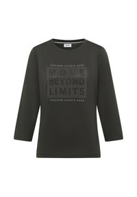 Dunkelgrünes Langarmshirt mit rundem Halsausschnitt und einem gedruckten Design mit dem Text "MOVE BEYOND LIMITS" in hellen Akzenten.