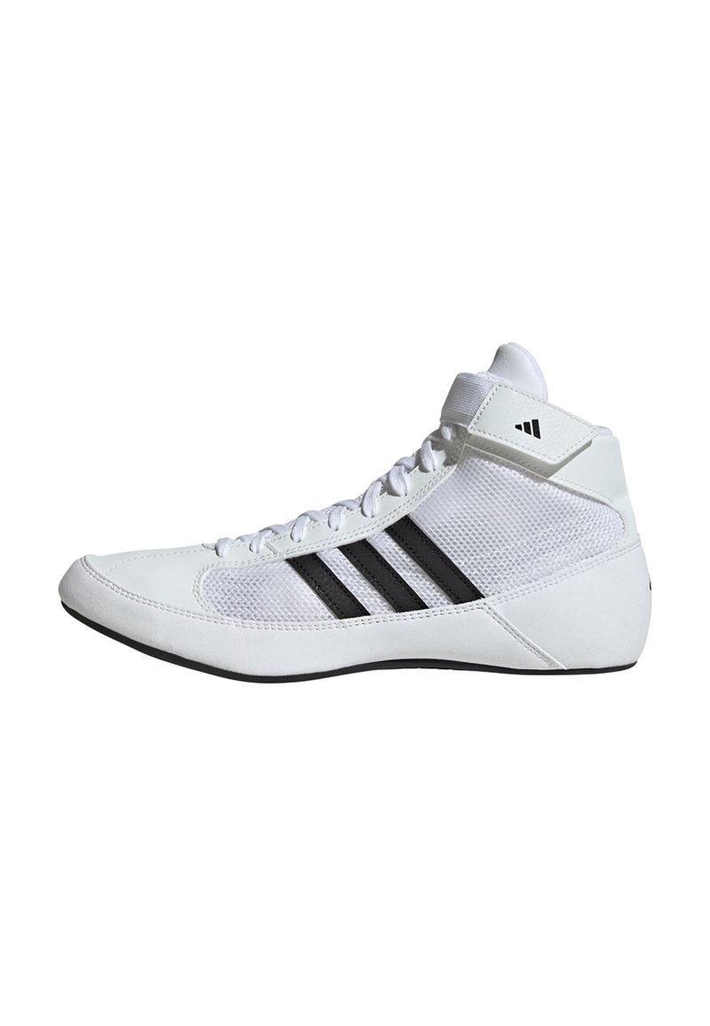 White athletic shoe with mesh upper, black three-stripe accents, high-top design, padded collar, and rubber sole for grip.