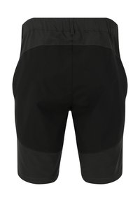 Svarta shorts med elastisk midja, med en slät yta och en kontrasterande matt panel längs sidorna. Enkel design, inga ytterligare detaljer.