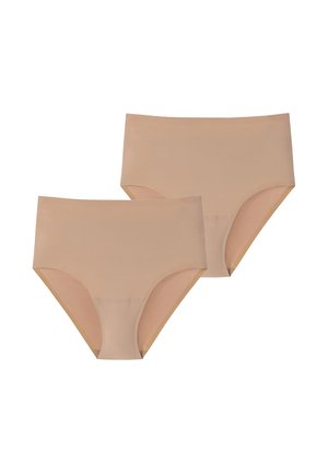 Sous-vêtements beiges taille haute, finition lisse, design sans coutures avec une texture douce, comprenant deux paires. Aucun motif visible ni détail en matériel.