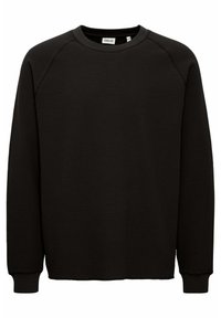 Hanorac negru cu guler rotund, realizat dintr-un material texturat, având mâneci raglan și manșete cu model în dungi, cu o margine dreaptă.