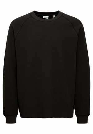 Sudadera negra de cuello redondo hecha de tela texturizada, con mangas raglán y puños acanalados, y un dobladillo recto.