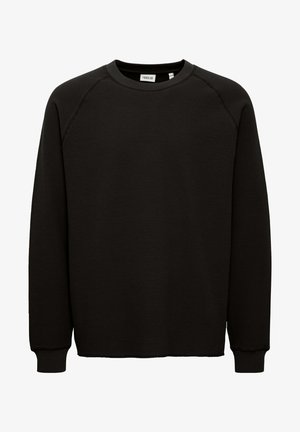 Must have crew neck mustar, mis on valmistatud tekstuuritud kangast, raglaani varrukatega ja ribidega mansetid, otse hemiga.