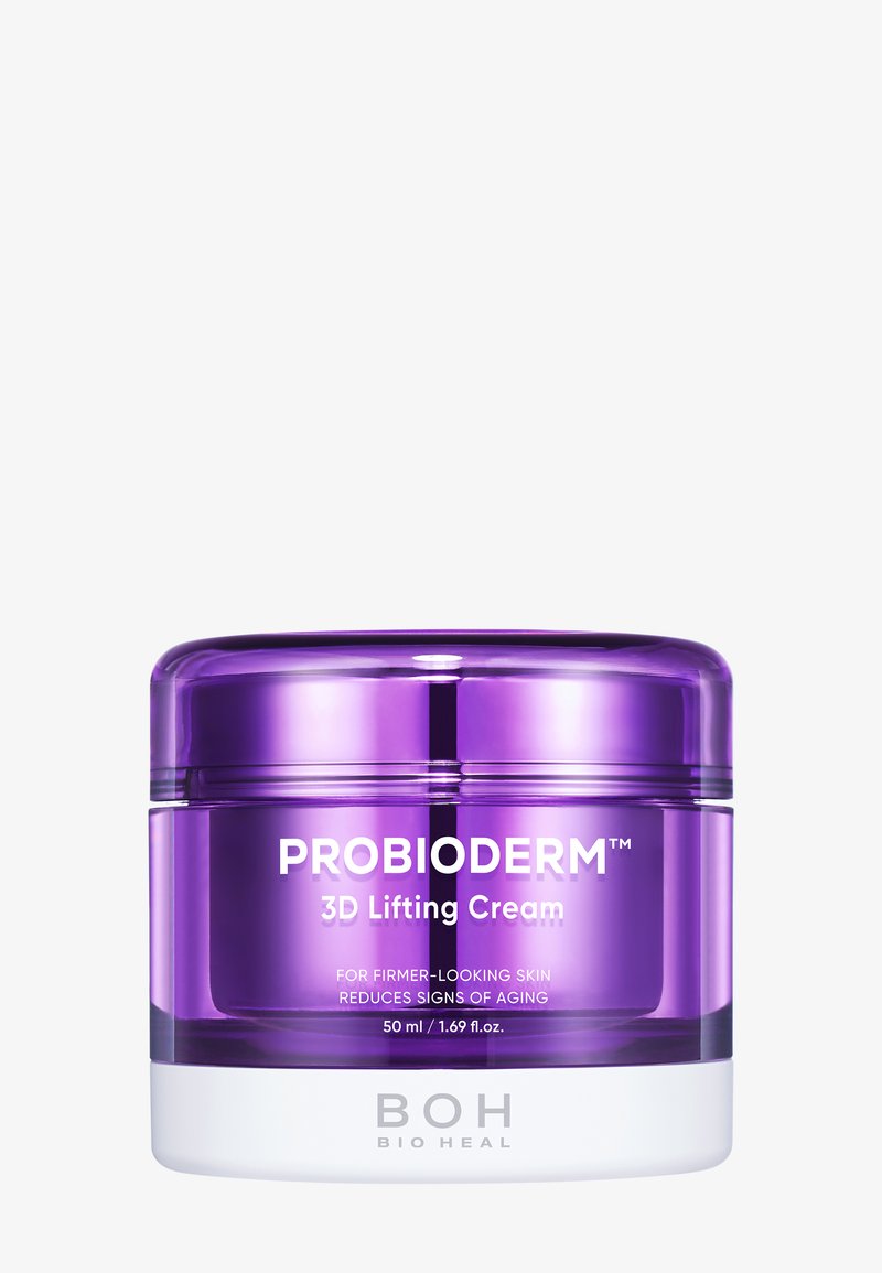 Lilla og hvid krukke med ProbiOderm 3D Lifting Cream for fastere hud og reduktion af aldringstegn, 50 ml, fra Bio Heal.