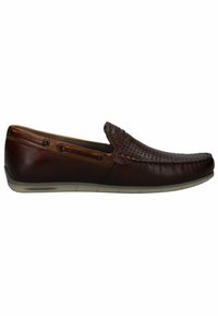 Brune læder loafers med perforeret detaljering på fronten, tan accenter og en fleksibel sål. Har metaløje-detaljer på siderne.