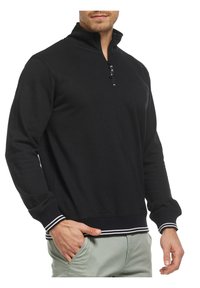Svart zip-neck sweatshirt med lange ermer, ribbede mansjetter og hem med hvite striper. Glatt tekstur med subtil logo-detalj på brystet.