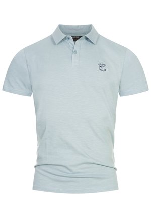 Light blue polo shirt made of soft cotton, featuring a thin collar, short sleeves, a front placket with buttons, and a small logo on the chest.