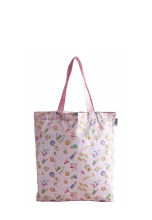 Pink fabric tote bag featuring a colorful pattern of various illustrated objects, including flowers, umbrellas, and deer. Soft texture, dual handles.