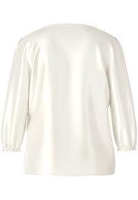White satin blouse with long puff sleeves, round neckline, and elastic cuffs. Smooth texture with subtle sheen and relaxed fit.