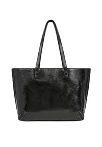 Bolso tote de cuero negro brillante con dos asas para el hombro y pequeñas tachuelas metálicas en las esquinas inferiores.