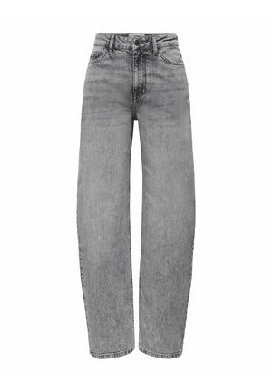 Jean denim gris taille haute à coupe large, doté d'une fermeture à boutons, de passants pour ceinture et d'une texture délavée pour un look classique.