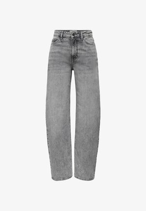 Pilkos spalvos aukšto juosmens džinsai iš džinsinio audinio su plačiomis kelnės kojomis, su sagų užsegimu, diržo kilpelėmis ir išblukusia tekstūra, suteikiančia klasikinių linijų įspūdį.