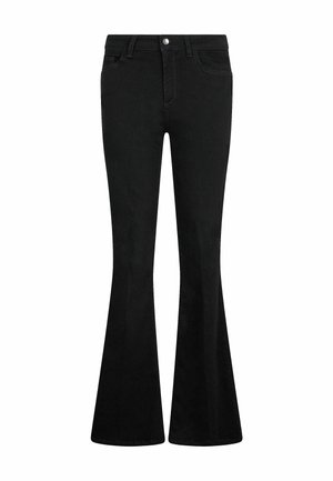 Jean noir évasé en denim avec un design classique à cinq poches. Comprend une fermeture à bouton et à zip à l'avant ; texture lisse sur toute la surface.