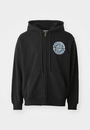 Fekete cipzáros kapucnis pulóver pamut keverékből. Elülső zsebe van, húzózsinóros kapucnival, és egy világoskék köralakú grafika díszíti a mellrészt.