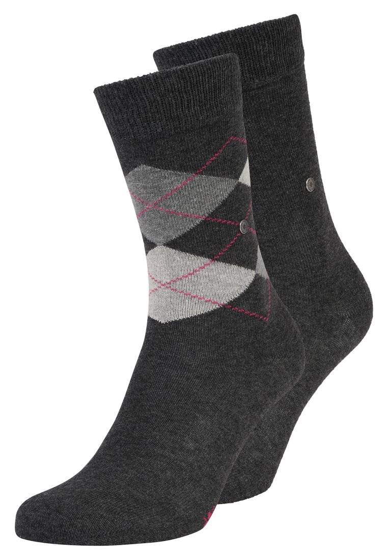 Calzini neri con un motivo argyle grigio e dettagli rosa. Realizzati in materiale morbido, presentano una finitura testurizzata e un bordo a coste.