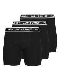 Schwarzes Boxer-Brief-Set aus drei Teilen, aus einem glatten Baumwollmix, mit einem weißen, mit "JACK & JONES" bedruckten Markenbund.