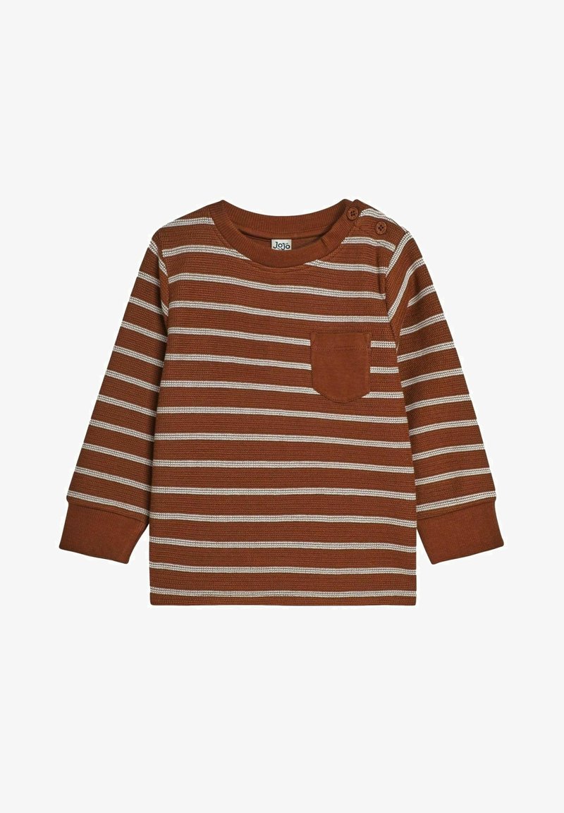 Barna csíkos, hosszú ujjas póló, lekerekített nyakkal, kötött textúrával, bal oldali mellzsebből és gombdíszítéssel a válpán.