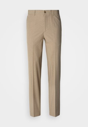 Pantalon beige à motif à carreaux avec une coupe droite, doté d'une fermeture par bouton et d'une texture de tissu lisse.
