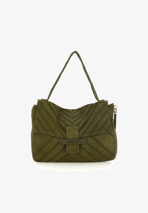 Borsa a tracolla verde oliva realizzata in suede testurizzato con un motivo a zigzag diagonale, dotata di chiusura a patta e una singola tracolla.