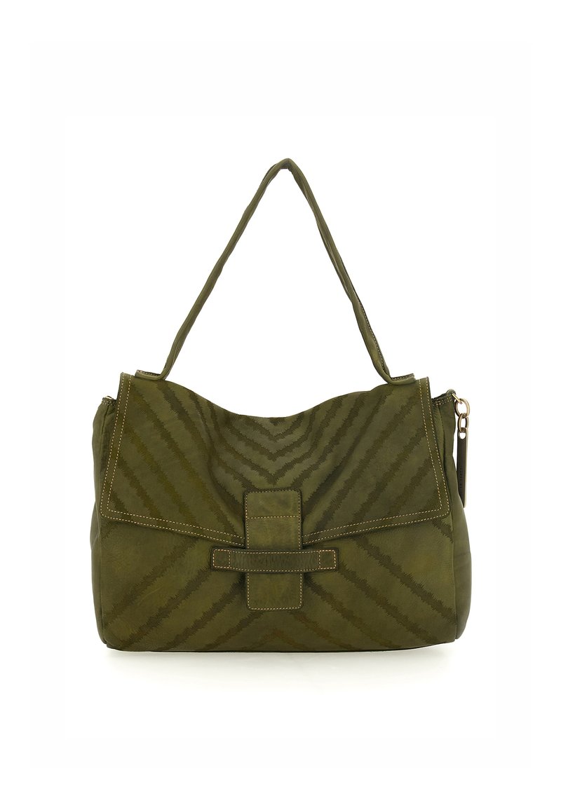Borsa a tracolla verde oliva realizzata in suede testurizzato con un motivo a zigzag diagonale, dotata di chiusura a patta e una singola tracolla.
