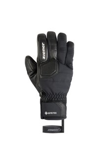 Zwarte handschoenen van leer en stof, met een versterkt knokkelgebied, elastische polsband en een GORE-TEX-label voor waterdichtheid.
