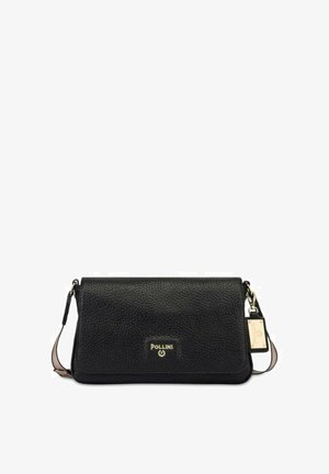 Clutch Pollini de cuero negro texturizado con placa de logo dorado y correa desmontable con herrajes dorados y etiqueta de marca.