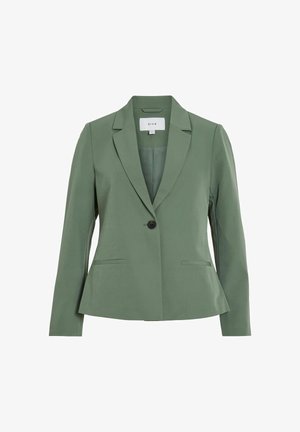 Green blazer made of smooth fabric. Features a single button closure, notched lapels, and two front pockets. Tailored fit and slightly flared shape.