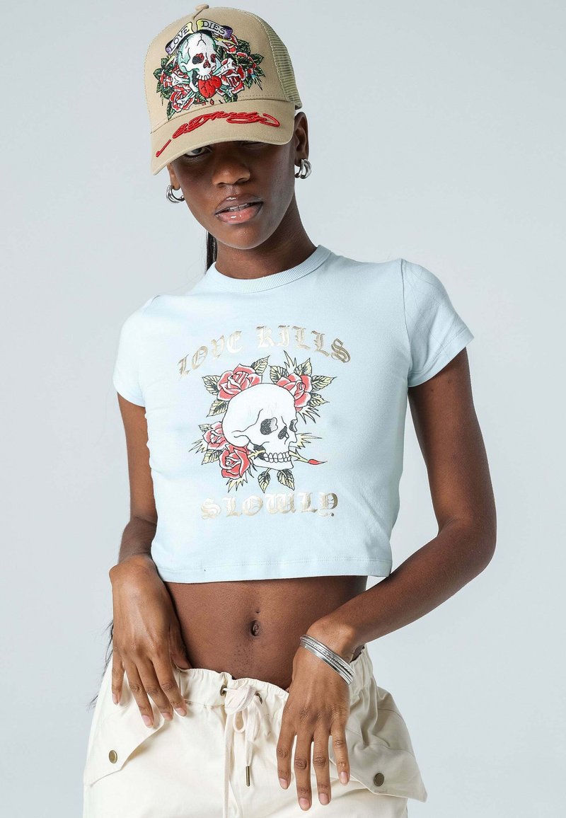 Ed Hardy SKULL-KILLS-SLOW CROPPED - Print T-shirt - light blue