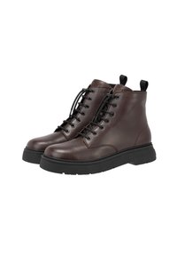Stivali alla caviglia in pelle marrone con punta rotonda, suola in gomma nera e design con lacci. Presenta linguette sul tallone per un facile indossamento.