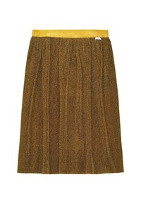 Raitapaitainen ruskea ja kulta neulottu hame, jonka vy ötäröllä on keltainen vyö. Hameessa on tekstuuri ja pieni brändilogo sivussa.