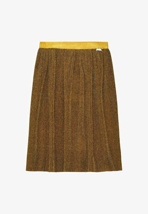 Raitapaitainen ruskea ja kulta neulottu hame, jonka vyötäröllä on keltainen vyö. Hameessa on tekstuuri ja pieni brändilogo sivussa.