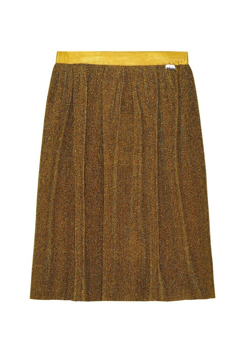 Raitapaitainen ruskea ja kulta neulottu hame, jonka vyötäröllä on keltainen vyö. Hameessa on tekstuuri ja pieni brändilogo sivussa.