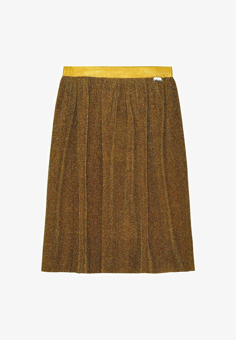 Brun och guld randig stickad kjol med ett gult midjeband. Har ett strukturerat mönster och ett litet varumärkesmärke på sidan.