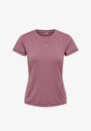 Lühikeste varrukatega spordisärk summutatud roosa toonis, valmistatud sileda ja kerge kangaga. Omadusteks on ümmargune kaelus ja väike logoga detail rinnal.