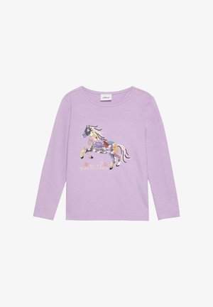 Fioletowa koszula z długim rękawem z cekinowym wzorem konia i napisem "Bądź jak dzikie kwiaty" na przodzie.