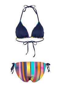 Ensemble de bikini bleu marine comprenant un haut triangulaire avec des accents multicolores et un bas à rayures verticales vives. À nouer au cou et sur les côtés.