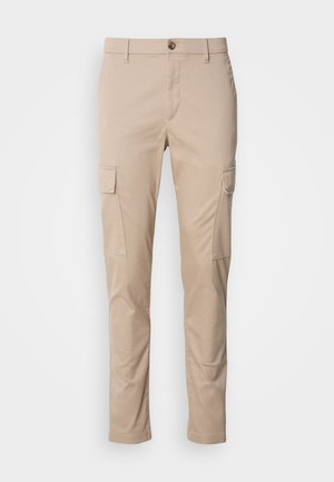 Beige cargo pants with two side pockets, slim fit, made of lightweight fabric, featuring a front button closure and belt loops.