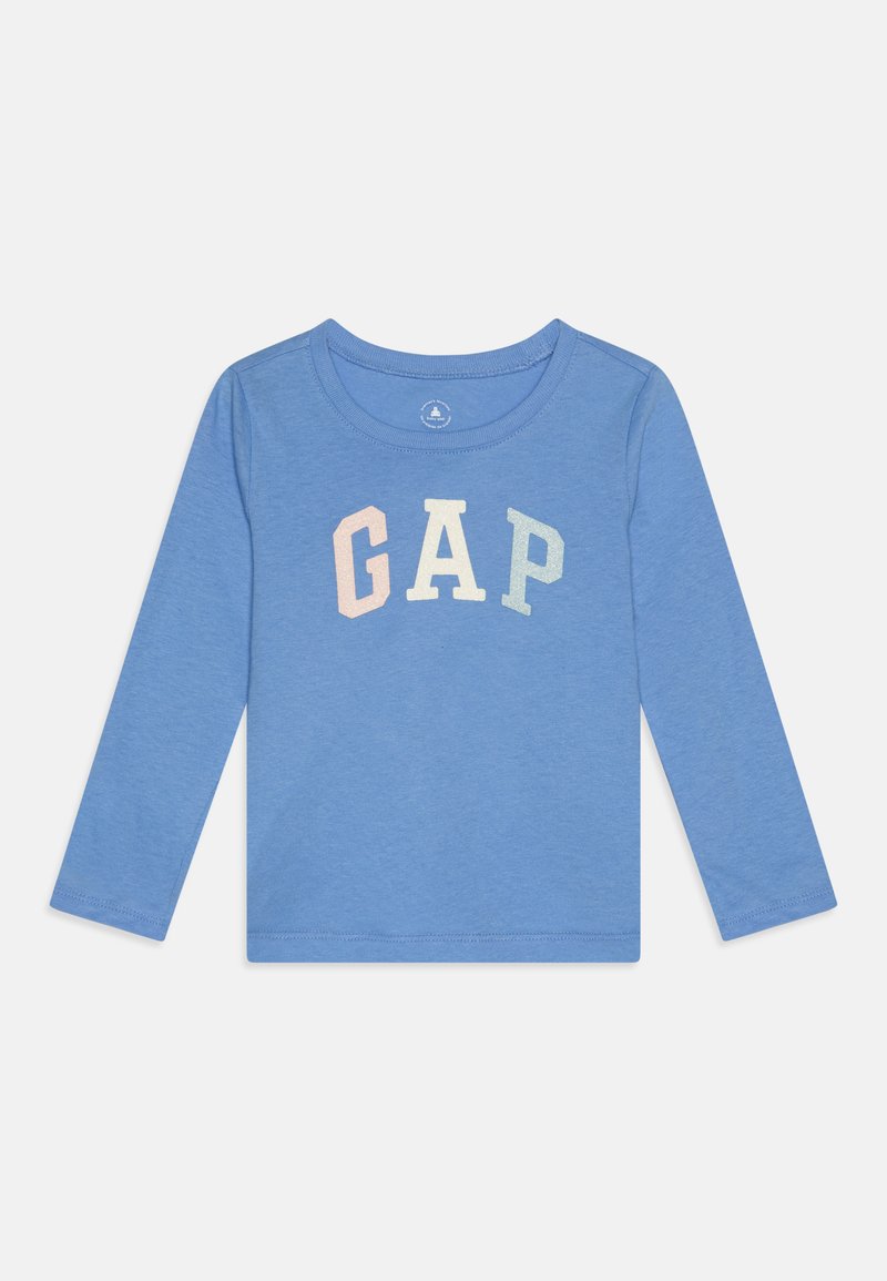Modra dolga majica z dolgimi rokavi iz mehkega materiala, okroglega izreza in logotipom "GAP" v pastelnih barvah čez prsni del.