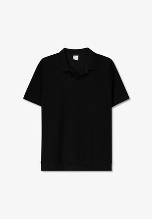Black short-sleeve polo shirt featuring a ribbed texture, classic collar, and a straight hem. Simple and versatile design.